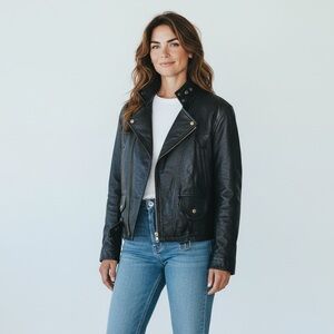 Danier Women’s Black Leather Motorcycle Jacket, Pockets, Adjustable Waist